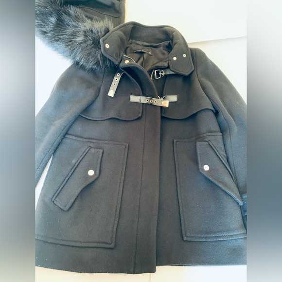 Zara black 75% wool winter jacket coat hood with black fur buckles zipper pocket - Picture 13 of 14